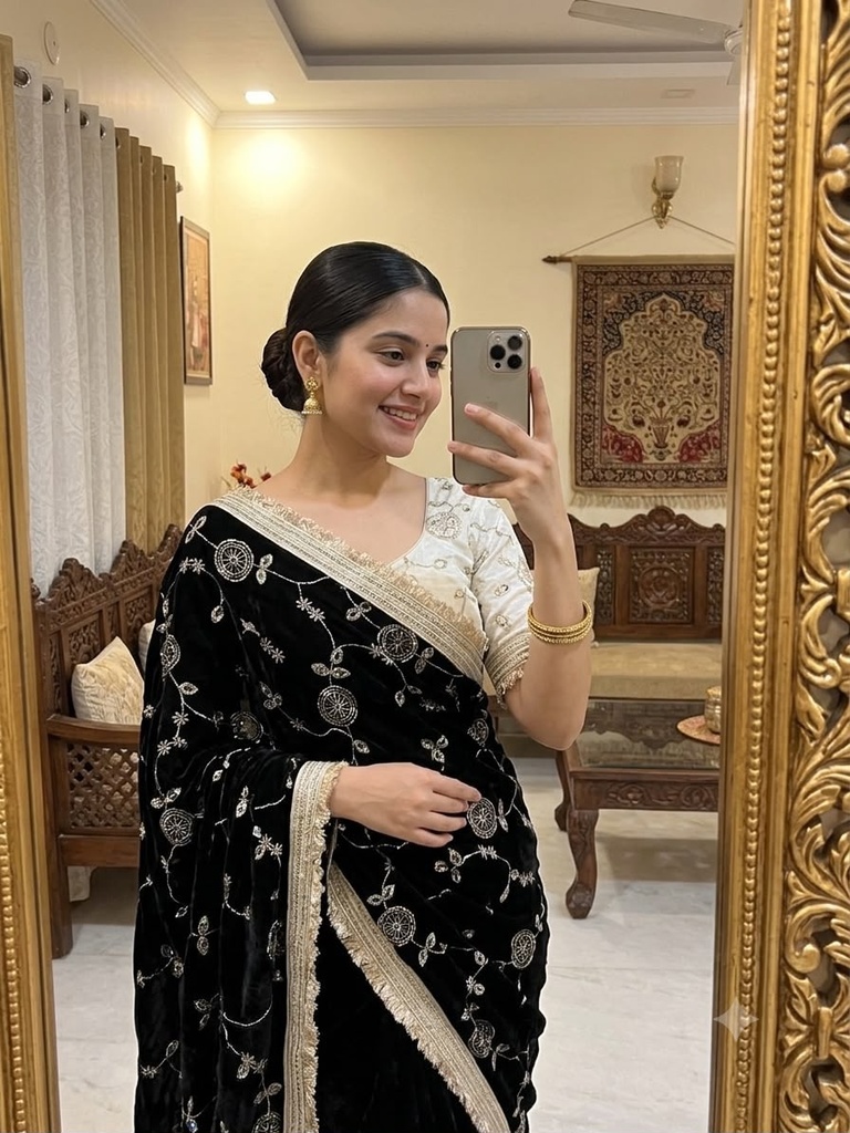 Space Sattin Multi Sequence Bits Work Saree With Contrast Running Blouse