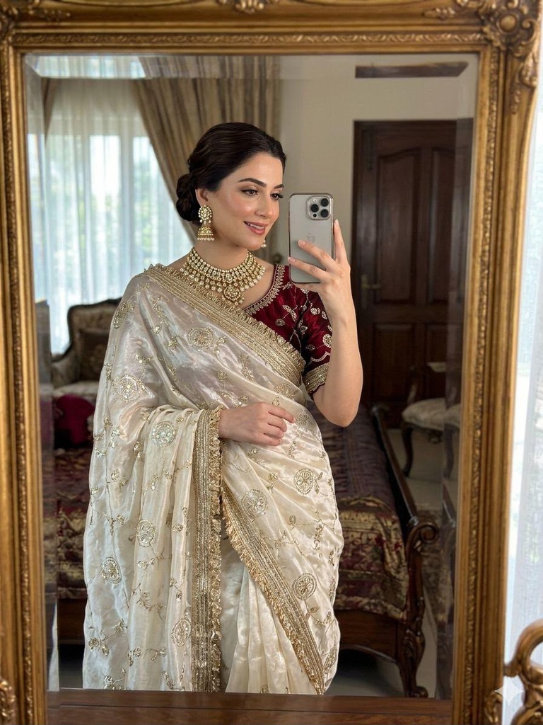 Sattin Multi Sequence Bits Work Saree With Contrast